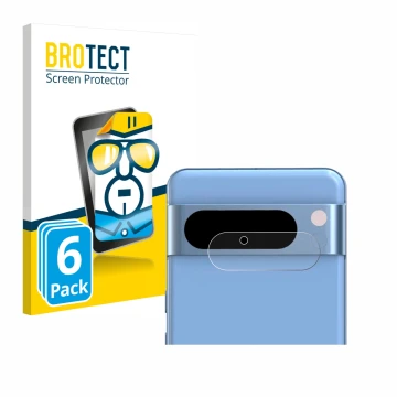 Vorderseite einer Produktverpackung mit dem Markenlogo BROTECT. Daneben ist das Gerät Google Pixel 8 Pro (NUR Kameraschutz) mi