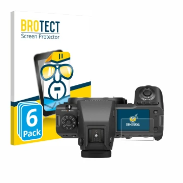 Vorderseite einer Produktverpackung mit dem Markenlogo BROTECT. Daneben ist das Gerät Fujifilm GFX100 II (Schulterdisplay) mit