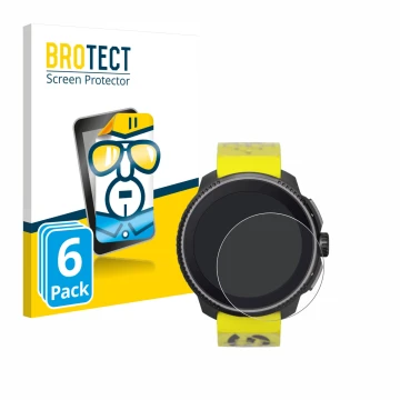 Vorderseite einer Produktverpackung mit dem Markenlogo BROTECT. Daneben ist das Gerät Suunto Race mit dem zugehörigen Displays