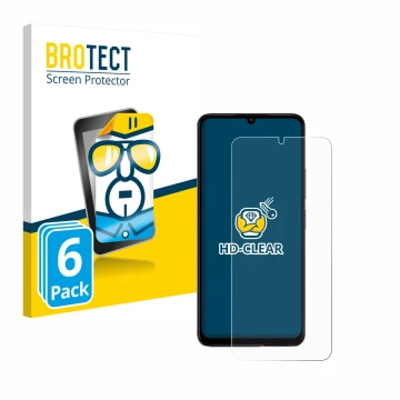 Vorderseite einer Produktverpackung mit dem Markenlogo BROTECT. Daneben ist das Gerät Xiaomi Poco C65 mit dem zugehörigen Disp