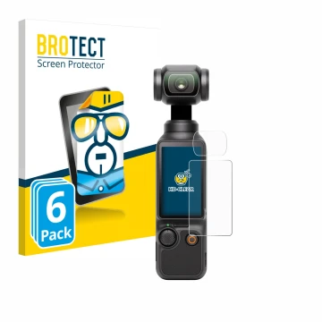 Vorderseite einer Produktverpackung mit dem Markenlogo BROTECT. Daneben ist das Gerät DJI Osmo Pocket 3 (Display + Linse) mit 