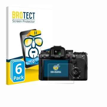 Vorderseite einer Produktverpackung mit dem Markenlogo BROTECT. Daneben ist das Gerät Sony Alpha 9 III mit dem zugehörigen Dis