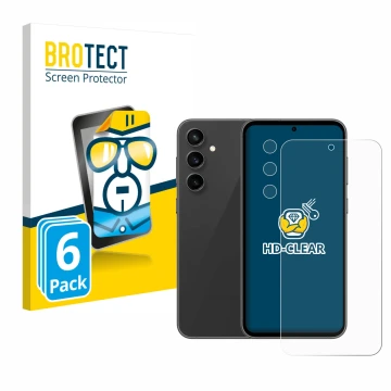 Vorderseite einer Produktverpackung mit dem Markenlogo BROTECT. Daneben ist das Gerät Samsung Galaxy S23 FE (Display+Kamera) m