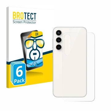 Vorderseite einer Produktverpackung mit dem Markenlogo BROTECT. Daneben ist das Gerät Samsung Galaxy S23 FE (Rückseite) mit de