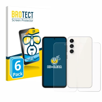 Vorderseite einer Produktverpackung mit dem Markenlogo BROTECT. Daneben ist das Gerät Samsung Galaxy S23 FE (Display+Rückseite