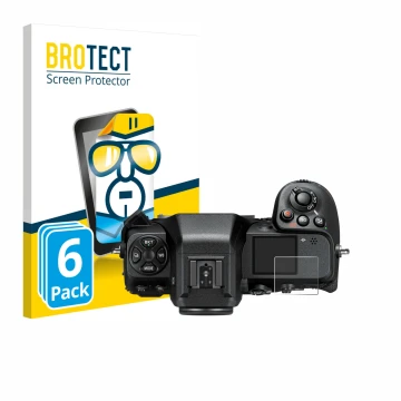 Vorderseite einer Produktverpackung mit dem Markenlogo BROTECT. Daneben ist das Gerät Nikon Z 8 (Schulterdisplay) mit dem zuge