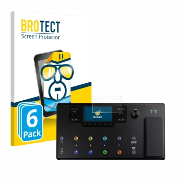 Vorderseite einer Produktverpackung mit dem Markenlogo BROTECT. Daneben ist das Gerät Line 6 Helix LT mit dem zugehörigen Disp