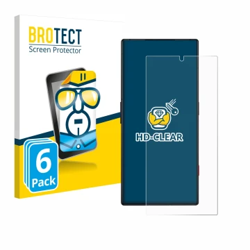 Vorderseite einer Produktverpackung mit dem Markenlogo BROTECT. Daneben ist das Gerät ZTE Nubia Red Magic 8 Pro mit dem zugehö