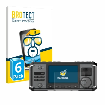 Vorderseite einer Produktverpackung mit dem Markenlogo BROTECT. Daneben ist das Gerät Xiegu X6200 mit dem zugehörigen Displays