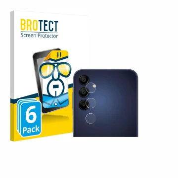 Vorderseite einer Produktverpackung mit dem Markenlogo BROTECT. Daneben ist das Gerät Samsung Galaxy A15 (NUR Kameraschutz) mi