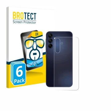 Vorderseite einer Produktverpackung mit dem Markenlogo BROTECT. Daneben ist das Gerät Samsung Galaxy A15 5G (Rückseite) mit de