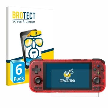 Vorderseite einer Produktverpackung mit dem Markenlogo BROTECT. Daneben ist das Gerät Retroid Pocket 4 Pro mit dem zugehörigen