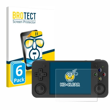 Vorderseite einer Produktverpackung mit dem Markenlogo BROTECT. Daneben ist das Gerät Anbernic RG35XX H mit dem zugehörigen Di