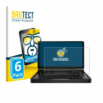 Vorderseite einer Produktverpackung mit dem Markenlogo BROTECT. Daneben ist das Gerät GPD Win Mini (2024) mit dem zugehörigen 