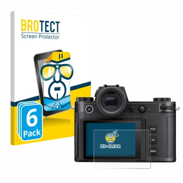Vorderseite einer Produktverpackung mit dem Markenlogo BROTECT. Daneben ist das Gerät Leica SL3 mit dem zugehörigen Displaysch