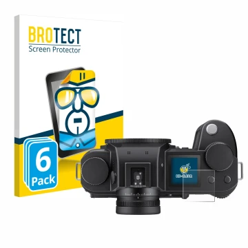 Vorderseite einer Produktverpackung mit dem Markenlogo BROTECT. Daneben ist das Gerät Leica SL3 (Schulterdisplay) mit dem zuge
