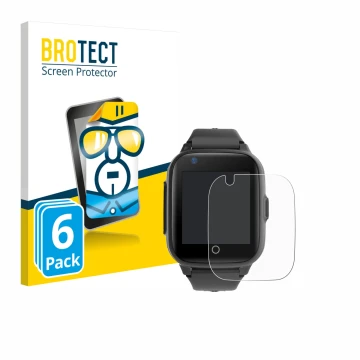 Vorderseite einer Produktverpackung mit dem Markenlogo BROTECT. Daneben ist das Gerät Leotec Kids Allo Plus 4G mit dem zugehör