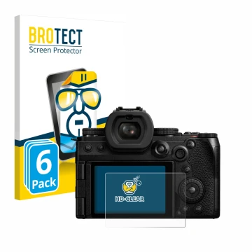 Vorderseite einer Produktverpackung mit dem Markenlogo BROTECT. Daneben ist das Gerät Panasonic Lumix DC-S5II mit dem zugehöri