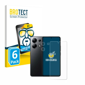 Vorderseite einer Produktverpackung mit dem Markenlogo BROTECT. Daneben ist das Gerät Xiaomi Redmi Note 13 4G (Display+Kamera)