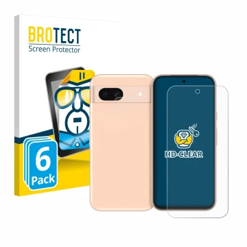 Vorderseite einer Produktverpackung mit dem Markenlogo BROTECT. Daneben ist das Gerät Google Pixel 8a (Display+Kamera) mit dem