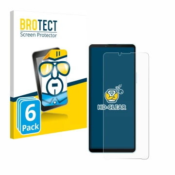 Vorderseite einer Produktverpackung mit dem Markenlogo BROTECT. Daneben ist das Gerät Sony Xperia 10 VI mit dem zugehörigen Di