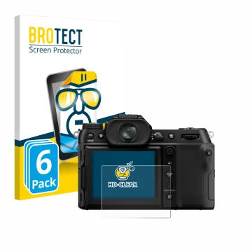 Vorderseite einer Produktverpackung mit dem Markenlogo BROTECT. Daneben ist das Gerät Fujifilm GFX100S II mit dem zugehörigen 