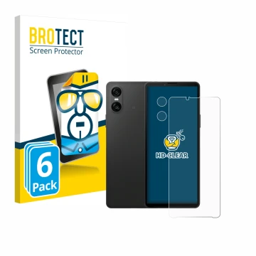 Vorderseite einer Produktverpackung mit dem Markenlogo BROTECT. Daneben ist das Gerät Sony Xperia 10 VI (Display+Kamera) mit d