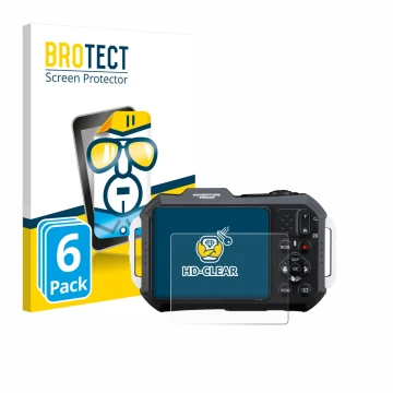 Vorderseite einer Produktverpackung mit dem Markenlogo BROTECT. Daneben ist das Gerät Ricoh Pentax WG-1000 mit dem zugehörigen