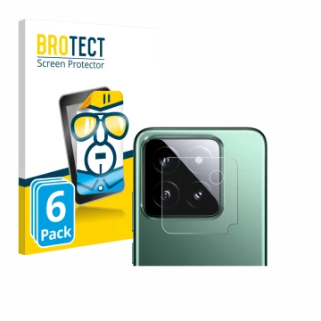 Vorderseite einer Produktverpackung mit dem Markenlogo BROTECT. Daneben ist das Gerät Xiaomi 14 (NUR Kameraschutz) mit dem zug