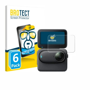 Vorderseite einer Produktverpackung mit dem Markenlogo BROTECT. Daneben ist das Gerät Insta360 Go 3S mit dem zugehörigen Displ