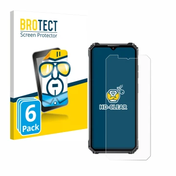 Vorderseite einer Produktverpackung mit dem Markenlogo BROTECT. Daneben ist das Gerät Oukitel WP28E mit dem zugehörigen Displa