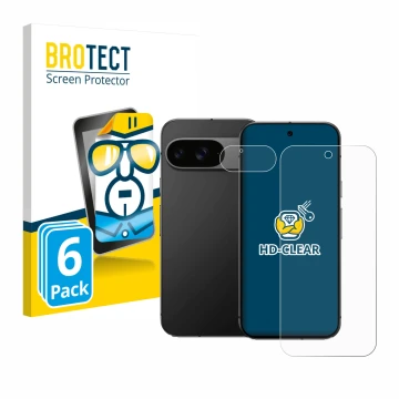 Vorderseite einer Produktverpackung mit dem Markenlogo BROTECT. Daneben ist das Gerät Google Pixel 9 (Display+Kamera) mit dem 