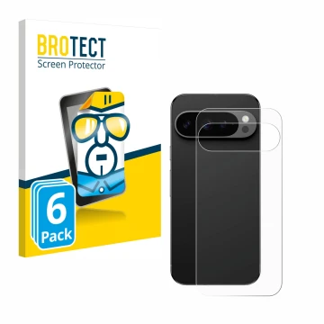 Vorderseite einer Produktverpackung mit dem Markenlogo BROTECT. Daneben ist das Gerät Google Pixel 9 Pro (Rückseite) mit dem z