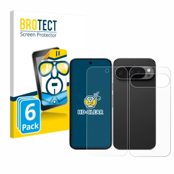 Vorderseite einer Produktverpackung mit dem Markenlogo BROTECT. Daneben ist das Gerät Google Pixel 9 Pro (Display+Rückseite) m