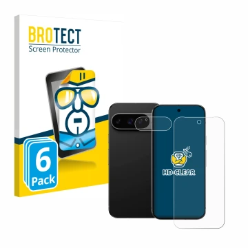 Vorderseite einer Produktverpackung mit dem Markenlogo BROTECT. Daneben ist das Gerät Google Pixel 9 Pro (Display+Kamera) mit 