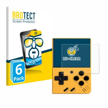 Vorderseite einer Produktverpackung mit dem Markenlogo BROTECT. Daneben ist das Gerät Miyoo Mini V4 mit dem zugehörigen Displa