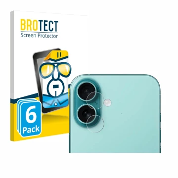 Vorderseite einer Produktverpackung mit dem Markenlogo BROTECT. Daneben ist das Gerät Apple iPhone 16 (NUR Kameraschutz) mit d