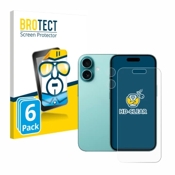 Vorderseite einer Produktverpackung mit dem Markenlogo BROTECT. Daneben ist das Gerät Apple iPhone 16 (Display+Kamera) mit dem