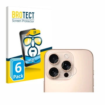 Vorderseite einer Produktverpackung mit dem Markenlogo BROTECT. Daneben ist das Gerät Apple iPhone 16 Pro (NUR Kameraschutz) m