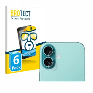 Vorderseite einer Produktverpackung mit dem Markenlogo BROTECT. Daneben ist das Gerät Apple iPhone 16 Plus (NUR Kameraschutz) 