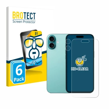 Vorderseite einer Produktverpackung mit dem Markenlogo BROTECT. Daneben ist das Gerät Apple iPhone 16 Plus (Display+Kamera) mi