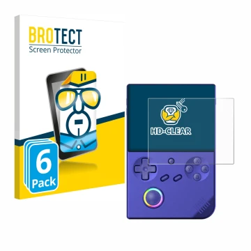 Vorderseite einer Produktverpackung mit dem Markenlogo BROTECT. Daneben ist das Gerät Anbernic RG40XXV mit dem zugehörigen Dis