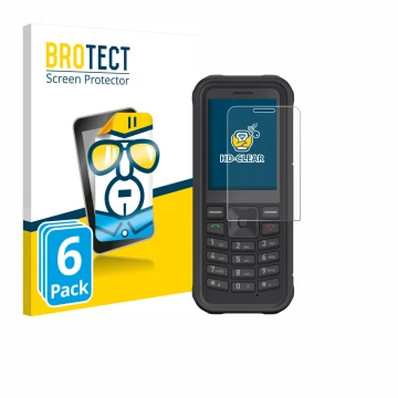 Vorderseite einer Produktverpackung mit dem Markenlogo BROTECT. Daneben ist das Gerät Sonim XP100 mit dem zugehörigen Displays