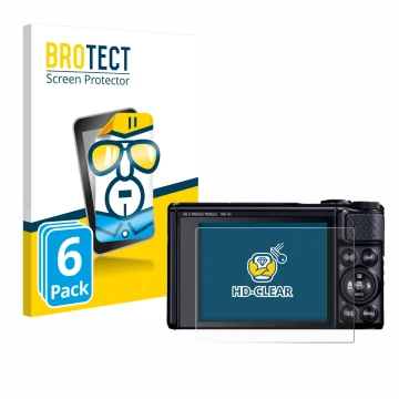 Vorderseite einer Produktverpackung mit dem Markenlogo BROTECT. Daneben ist das Gerät Canon PowerShot SX740 HS Lite mit dem zu