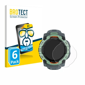 Vorderseite einer Produktverpackung mit dem Markenlogo BROTECT. Daneben ist das Gerät Garmin Instinct 3 AMOLED (50 mm) mit dem