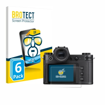 Vorderseite einer Produktverpackung mit dem Markenlogo BROTECT. Daneben ist das Gerät Leica SL3-S mit dem zugehörigen Displays