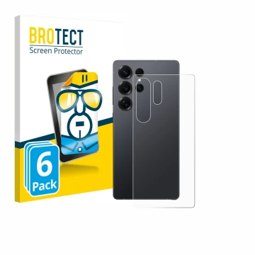 Vorderseite einer Produktverpackung mit dem Markenlogo BROTECT. Daneben ist das Gerät Samsung Galaxy S25 Ultra (Rückseite) mit