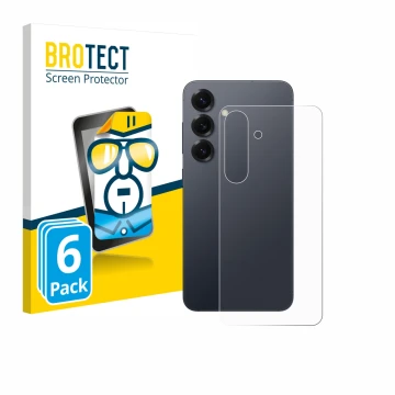 Vorderseite einer Produktverpackung mit dem Markenlogo BROTECT. Daneben ist das Gerät Samsung Galaxy S25 (Rückseite) mit dem z