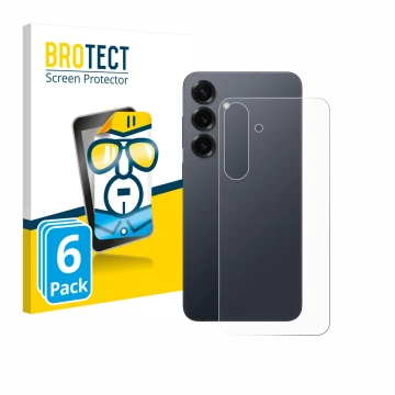 Vorderseite einer Produktverpackung mit dem Markenlogo BROTECT. Daneben ist das Gerät Samsung Galaxy S25 Plus (Rückseite) mit 