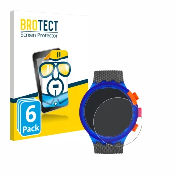 Vorderseite einer Produktverpackung mit dem Markenlogo BROTECT. Daneben ist das Gerät Swatch Neon Party mit dem zugehörigen Di